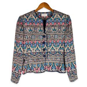 Adrianna Papell Silk Cropped Jacket 10 Tapestry Baroque Floral Button Front